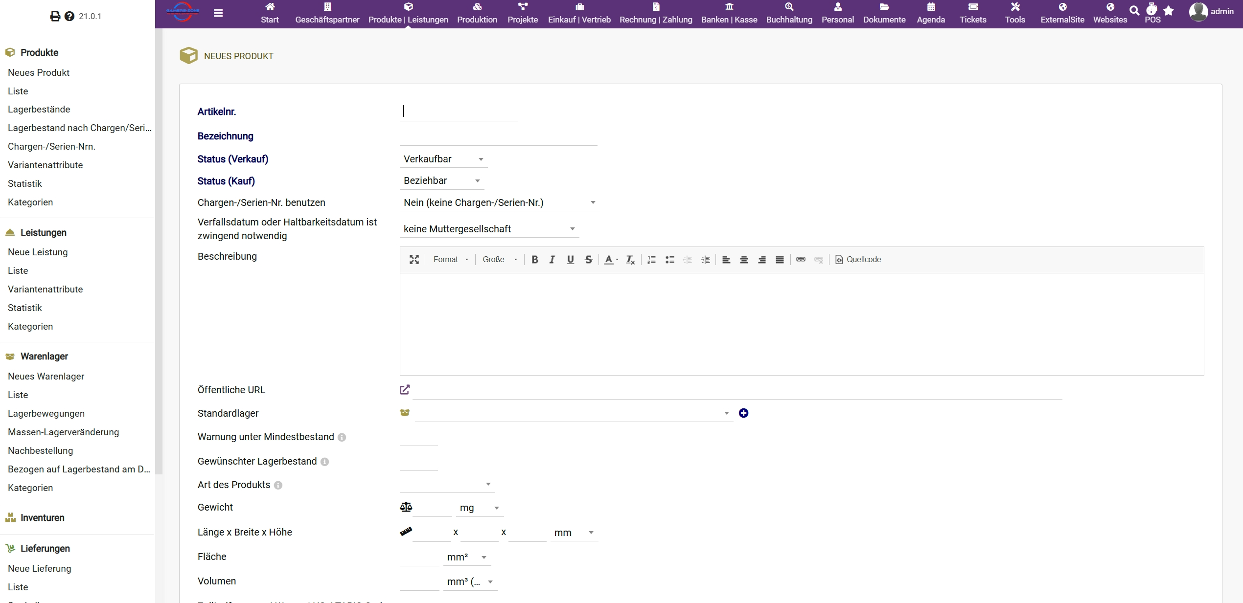 Darstellung einer ERP-Software. Es ist das Layout der Software zu sehen.