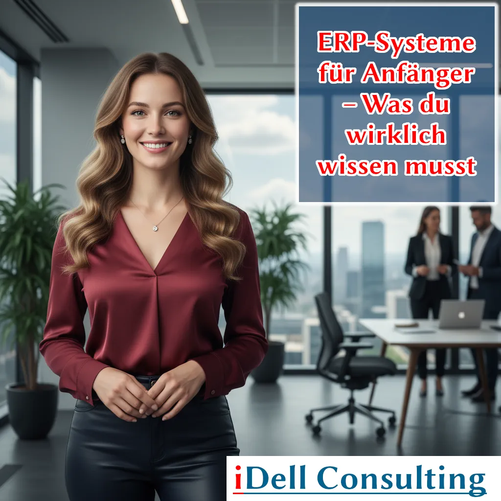 Grafik zeigt vereinfachte ERP-System Übersicht: Zentrale Datenbank verbindet Warenwirtschaft, Finanzbuchhaltung, Vertrieb und Personalverwaltung – ideal für Anfänger und kleine Unternehmen