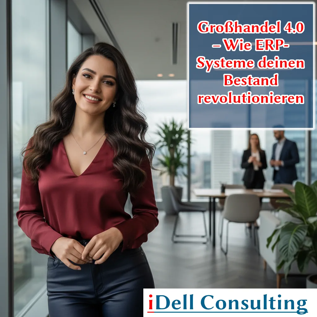 Illustration eines modernen Großhandel-Lagers mit digitalem ERP-System: Echtzeit-Bestandsverfolgung, automatisierte Lagerverwaltung und integrierte Warenwirtschaft für Großhandel 4.0.