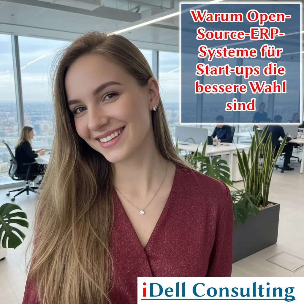 Illustration eines Start-ups mit Cloud-basiertem Open-Source-ERP: Digitale Vernetzung von CRM, Finanzbuchhaltung und Automatisierung in modernem, flexiblem System.