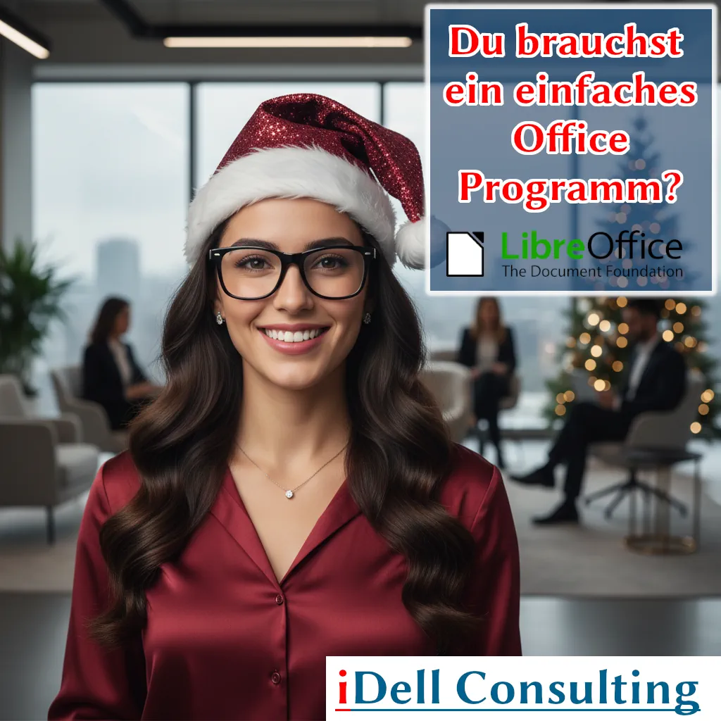 Modernes Office-Setup mit LibreOffice Writer, Calc und Impress Anwendungen, die professionelle Dokumente, Tabellen und Präsentationen für kleine Unternehmen zeigen.